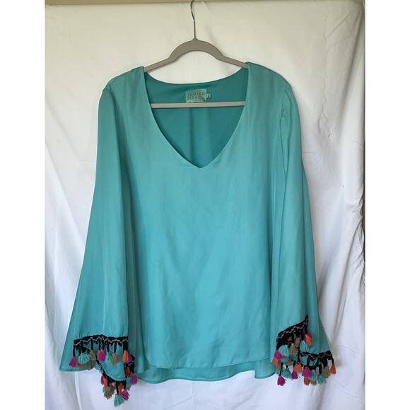 Judith March Top Womens Large Bell Sleeve Boho Pom Pom Fringe V-neck - Picture 6 of 16